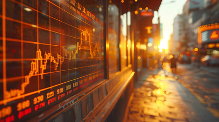 Obraz premium Close-up of downward-trending line graph on digital screen, symbolizing drop in earnings, financial decline visualized with charts and numbers.