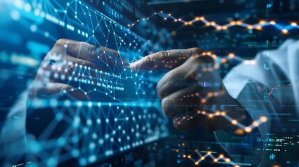 Hand interacting with a digital screen, showing data analysis and innovative technologies.