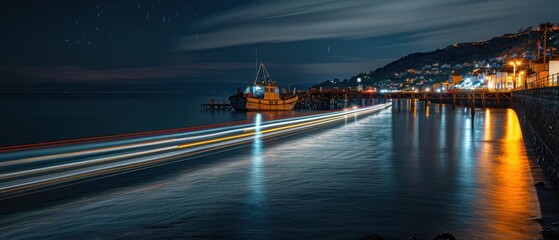 Serene Night at the Harbor with Glowing Boat Lights