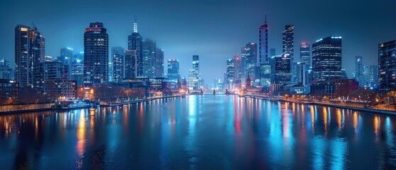 Fototapeta premium Nighttime Cityscape with Reflections on the River