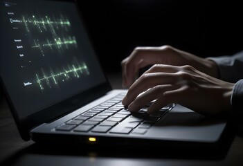 A person's hands are typing on a laptop keyboard in a dark environment with a glowing screen.