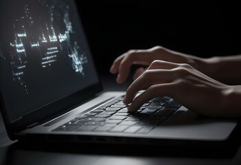 A person's hands are typing on a laptop keyboard in a dark environment with a glowing screen.