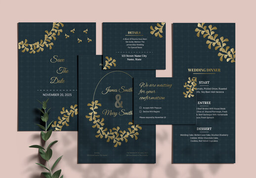Dark Blue Wedding Suite Layout With Gold Accents