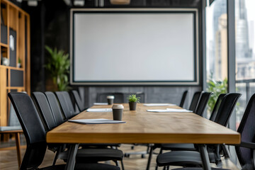 A conference table set up for a meeting in an office with a large blank whiteboard behind it.