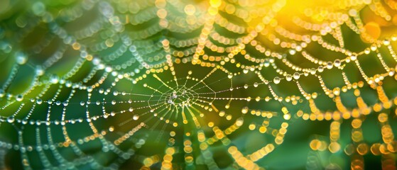 Glimmering Spider Web with Dew Drops at Sunrise