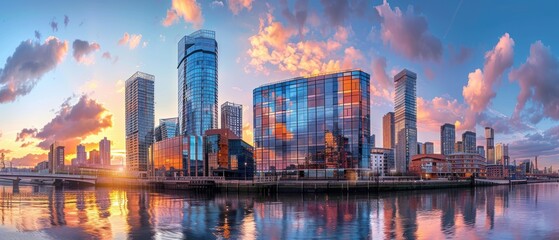 Modern City Skyline at Sunset Over Water