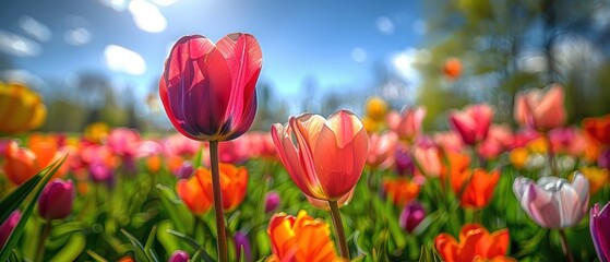 Obraz premium Colorful Tulip Field with Clear Blue Sky