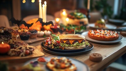 A Halloween dinner table with eerie dishes like monster burgers bat-shaped pizzas