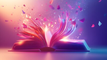Open Book with Glowing Pages and Purple and Pink Confetti