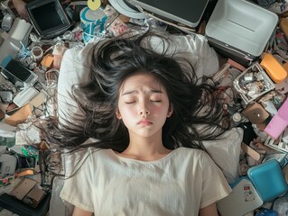 Exhausted Woman Resting Amidst Disarray of Technology and Gadgets