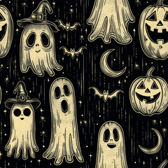 Seamless Pattern Vintage Halloween Retro Ghost Jack-O-Lantern Bats Art Illustration Seasonal Dark Background