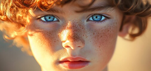 Obraz premium Child portrait with freckled face and blue eyes.