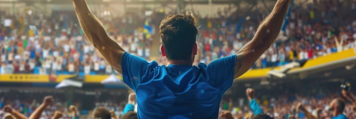Vibrant soccer scene captures a player in blue jersey raising arms in celebration amidst cheering fans in a packed stadium. The warm light casts a lively atmosphere as the crowd excitement builds.