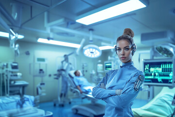 Cyborg medical AI Standing in front of future medical equipment