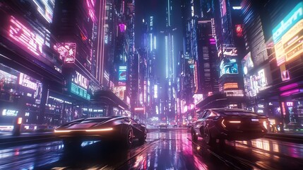 Futuristic cars in neon cityscape