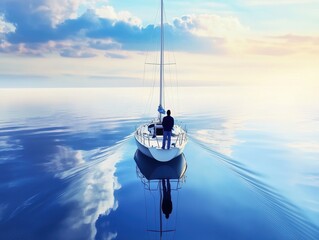 A serene sailing scene with a lone figure on a calm, reflective sea under a blue sky with clouds, evoking tranquility and adventure.