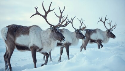 Reindeer herd in snowy wilderness, arctic wildlife, winter animals