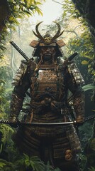 Samurai warrior in dense jungle setting