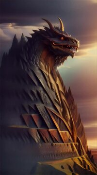 colossal dragon curled around a crumbling medieval tower