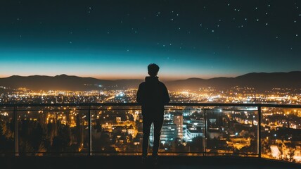 A solitary figure gazes over a beautifully illuminated cityscape at night, with a starry sky and distant mountains creating a serene atmosphere.