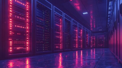 Fototapeta premium Server Room with Pink Neon Lights and Reflective Floor