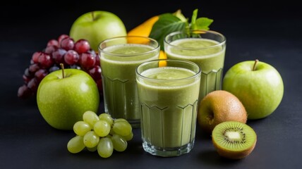 Green homemade smoothies with fresh fruits on black background for World Vegan Day