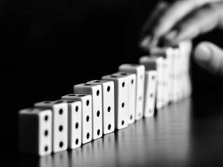 A close-up image of a series of white dominoes arranged in a line, with a hand poised to tip one over, creating a striking black-and-white contrast.