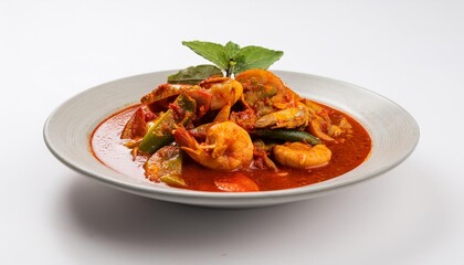 Malaysian Food, Udang Sambal Petai on white background isolated.