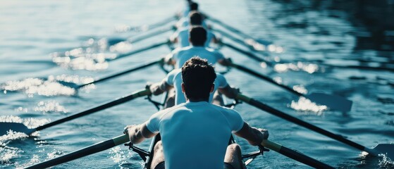Obraz premium A team of rowers moves in sync through calm waters, showcasing strength and unity.