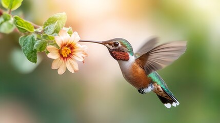 Fototapeta premium Hummingbird Feeding on a Vibrant Flower in a Lush Garden Setting