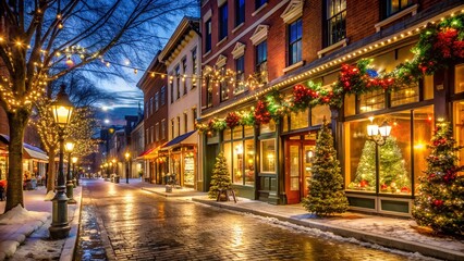 Fototapeta premium Snowy Christmas Street with Decorated Storefronts at Night