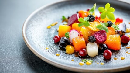 A colorful fruit salad featuring a mix of vibrant melons, berries, and garnishes, perfect for healthy eating and summer events.