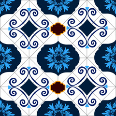 White tile pattern featuring geometric designs and blue floral elements