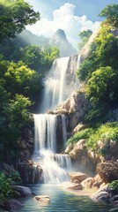 Fototapeta premium Majestic waterfall in lush greenery.