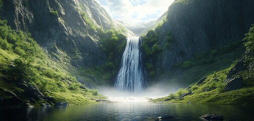 Fototapeta premium A majestic waterfall cascading down a towering mountain, its crystalline waters shimmering like a thousand diamonds in 4K definition