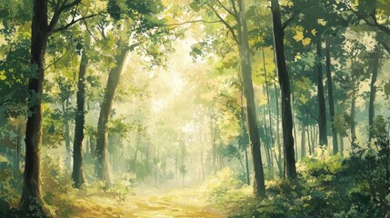 Obraz premium Sunlit Forest Path A Serene Journey through Verdant Wilderness