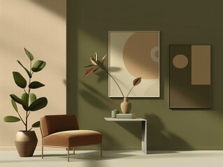 Minimalist interior design inspiration moodboard with green, brown color palette. Simple arrangement of materials and textures in harmony with nature. Digital illustration of creative space concept.