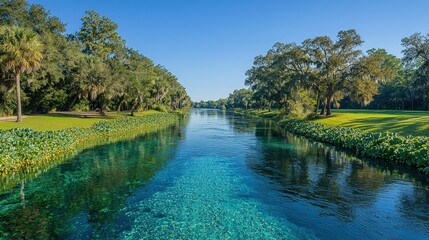 Fototapeta premium Crystal Clear Spring Water River Landscape With Trees
