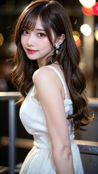 夜の光に照らされ、白いドレスをまとった女性の魅力的なポートレート：輝く笑顔と洗練されたスタイルが印象的