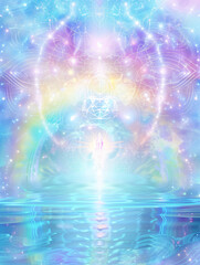 A blurred light blue sea of awareness shaped by swirling waves, with a white glowing hologram crystal temple made of light at the center. Surrounding it, a rainbow of colors and stars 