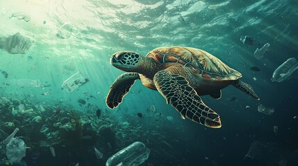 Fototapeta premium Majestic Sea Turtle Gracefully Navigating Underwater Coral Reef Ecosystem