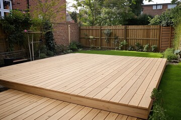 New wooden deck in residential back garden. Wooden planks, hardwood, fresh green surroundings. Bricked wall, patio area, planter pots, empty yard. Wooden platform, decked area, timber design. Shaped