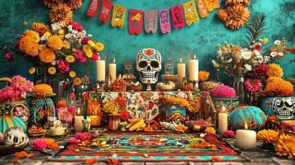 Traditional Day of the Dead altar with sugar skulls, flowers, candles, and food.
