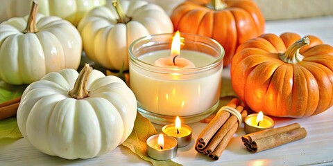 Autumn-themed display with pumpkins and candles on a table.