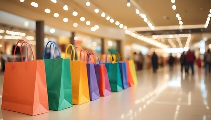 Naklejka premium Colorful shopping bags in a shopping mall, with blurred backgrounds and lights.