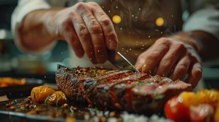 Close-up of a chef meticulously slicing a steak, his dish looks appetizing and is beautifully plated.