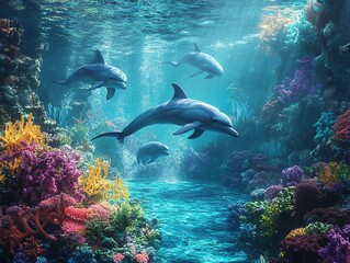 A photorealistic image of an enchanting underwater scene, featuring a vibrant coral reef and a playful group of dolphins