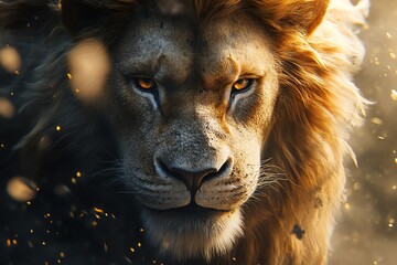 Naklejka premium Majestic lion with flowing mane, close-up portrait