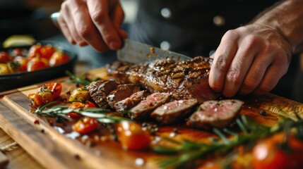 Close-up of a chef meticulously slicing a steak, his dish looks appetizing and is beautifully plated.