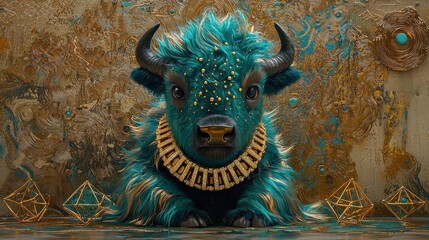 Teal and Gold Buffalo with Geometric Shapes Abstract Art